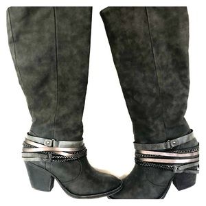 Tall gray faux-leather boots, size 7.5